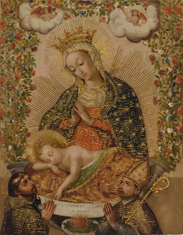 The Virgin Adoring the Christ Child, with Two Saints, Cusco School (anonymous)